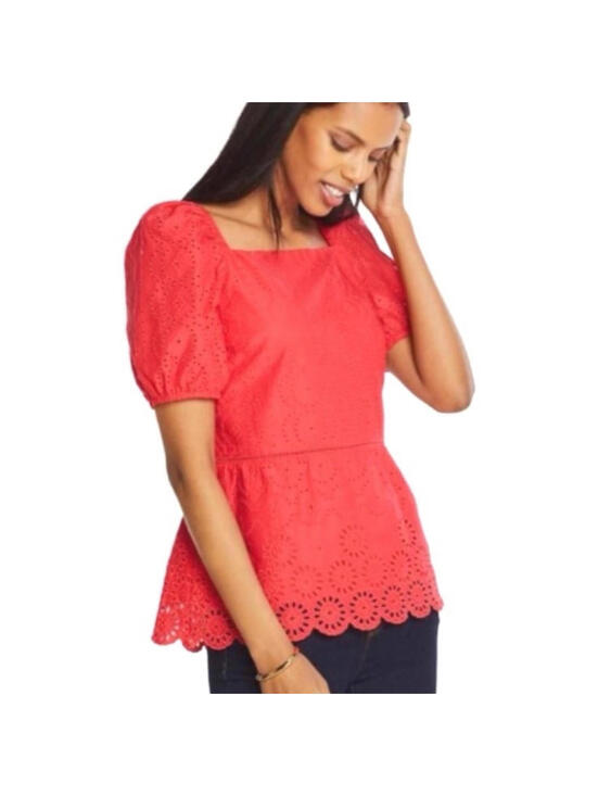 Ann Taylor Tops - Ann Taylor Red Eyelet Puff Sleeve Peplum Cottagecore Square Neck Top- Size Small